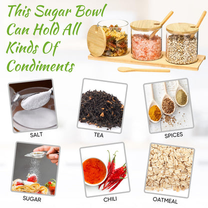 Baderke 3 Pcs Condiment Jars, 300 ml / 10 oz Glass Container Box with Bamboo Spoon Lid and Base Clear Seasoning Box Adorable Condiment Pots Spice Containers for Sugar Pepper Cruet