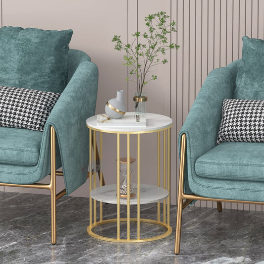 2-Tier Round Faux Marble Side Table, Modern Sofa Table with Black Iron Frame, Luxury Coffee Table for Living Room, Bedroom, or Office – 40D x 40W x 54H CM