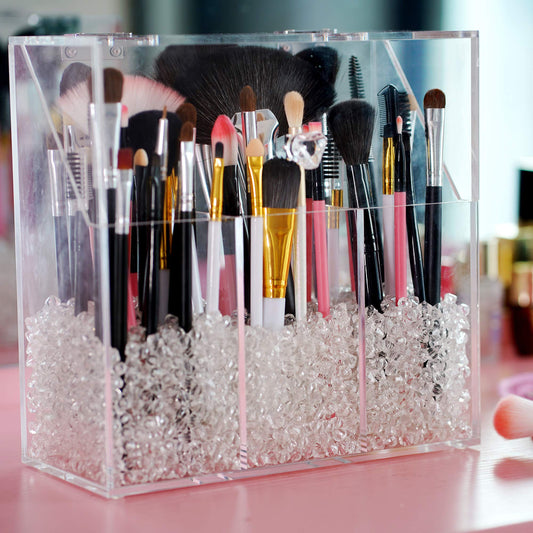 Clear Acrylic Makeup Brush Holder with Dustproof Lid, Large Capacity Cosmetic Brush Storage Organizer for Vanity
