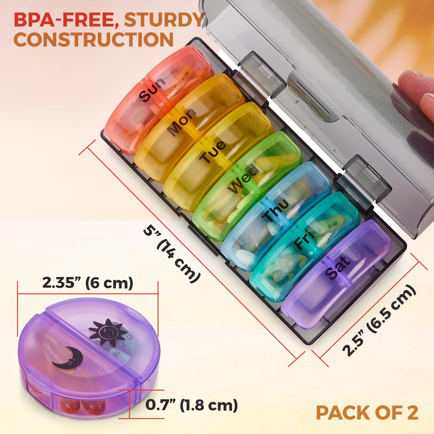 Weekly Pill Organizer 2 Times-A-Day, 7 Day AM/PM Pill Container with Secure Lids, Portable and Durable Travel Pill Case for Tablets, Vitamins, and Supplements, Rainbow Color, 1 Pack