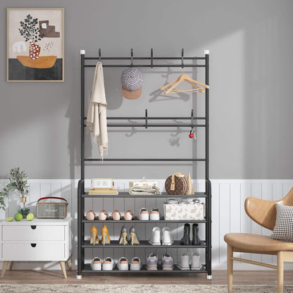 UDEAR Entryway Coat Rack,3-in-1 Hall Tree Multifunctional Storage Shelf with 4-Tier Shoe Bench and 8 Hooks,Easy Assembly,for Entrance Foyer Bedroom Barthroom,Black