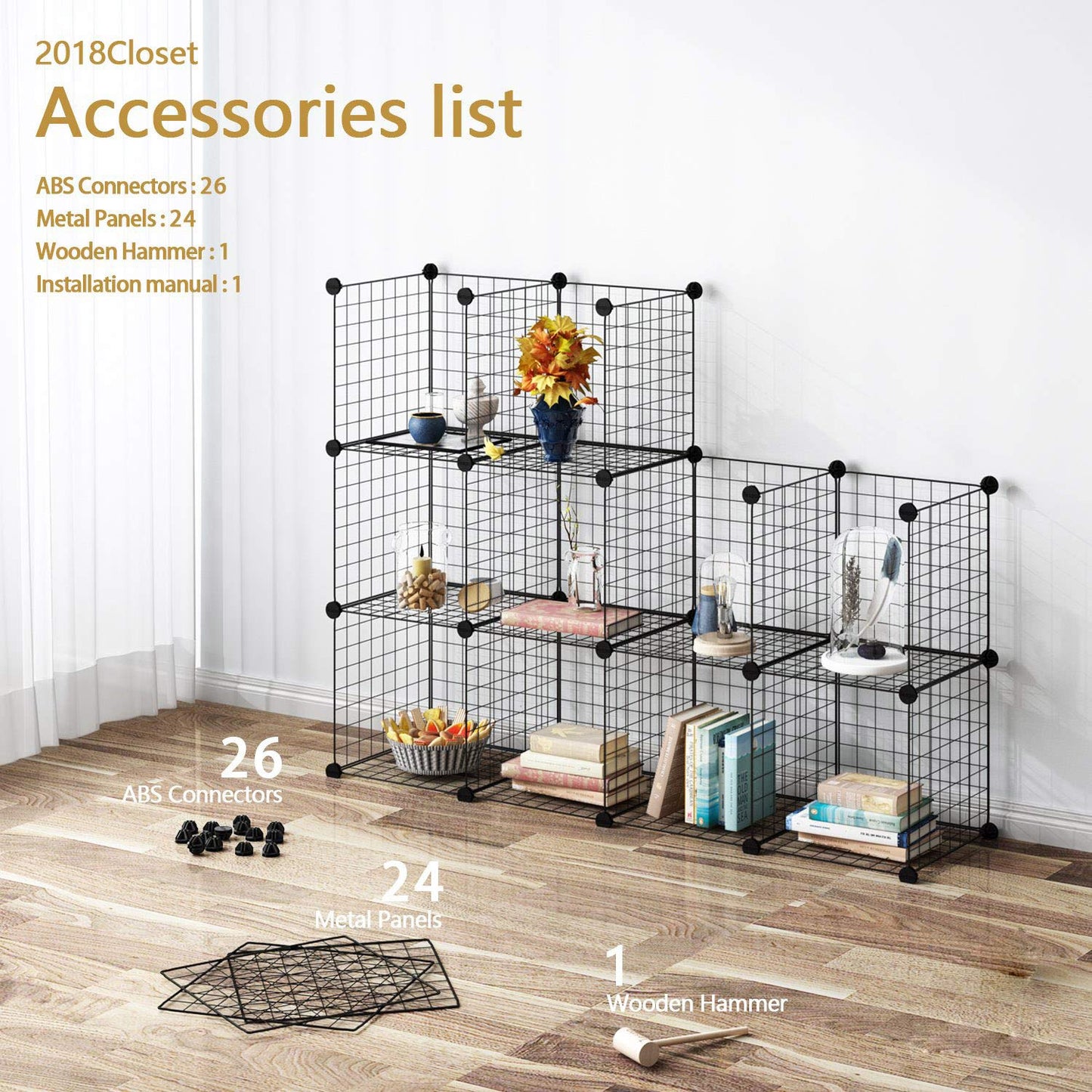 6-Cube DIY Wire Grid Bookcase, Multi Use Modular Storage Shelving Rack, Open Organizer Cabinet for Books, Toys, Clothes, Tools