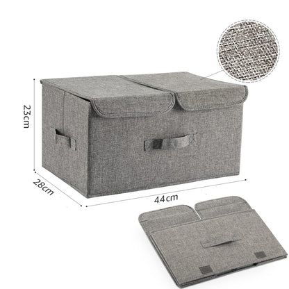 Storage Box with Lids, Foldable, Dual Compartments, Durable Fabric, Ideal for Home Organization, Grey, 44L x 28W x 24H cm