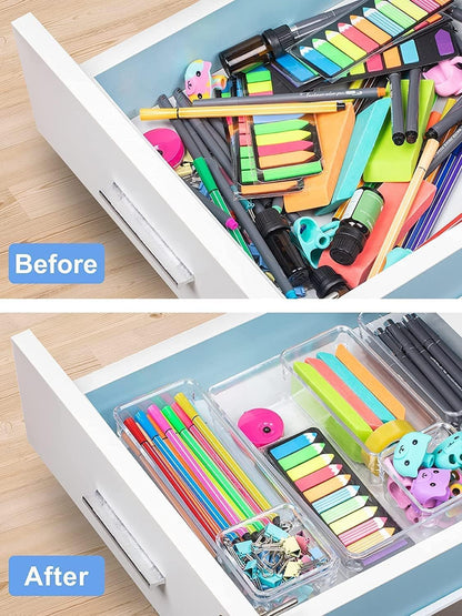 Kienlix Desk Drawer Organizer Trays Various Size Bathroom Organizer Storage Tray for Makeup, Jewelries, Utensils, Bedroom Dresser, Office and Kitchen (12 pc)