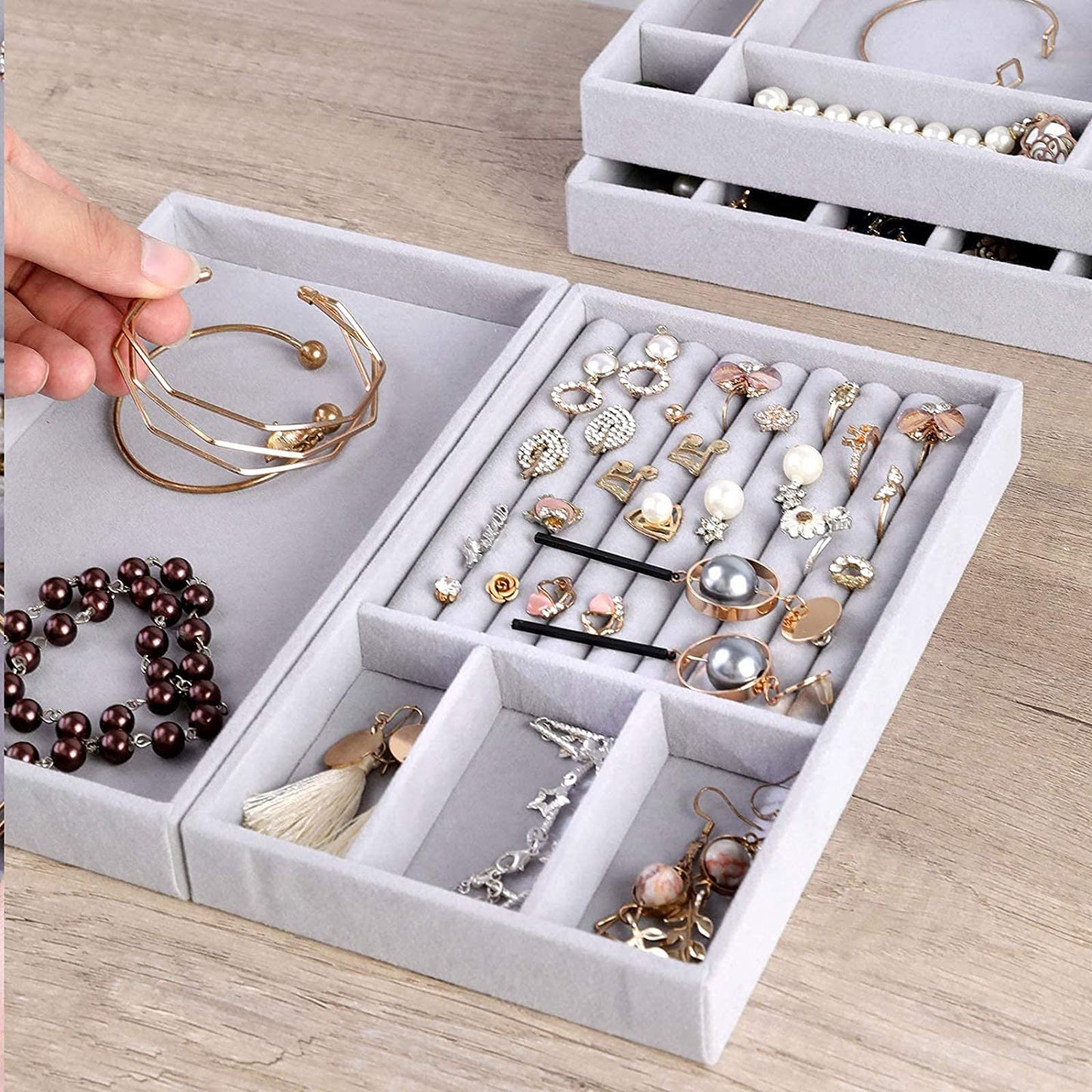 XICEN Jewelry Trays Organizer, Closet Drawer Accessories Tray Set of 4 Drawer Organizer for Earring, Ring, Gadgets & Cosmetics, Display Organizer Necklace Storage Showcase Bracelet Removable Tray