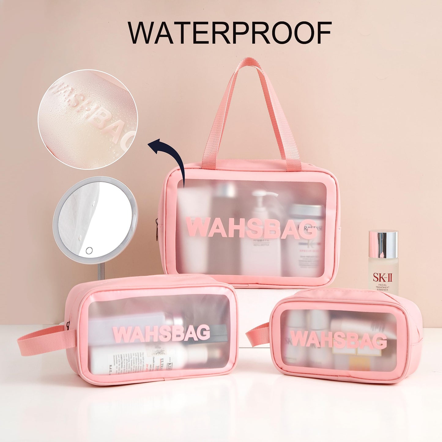 Qupzsen Travel Toiletry Bag for Women and Men - Matte Translucent Bag with Handy Handle - Makeup Cosmetic Organizer for Travel Toiletries Accessories, Pink, 3