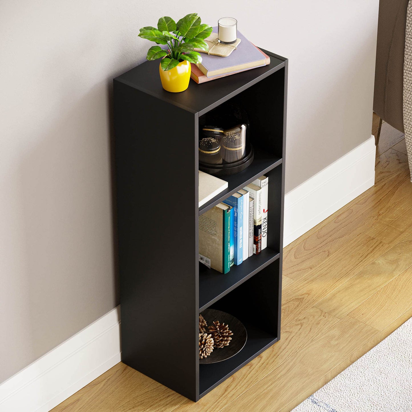 Oxford 3 Tier Cube Bookcase, Black Wooden Shelving Display Unit, Modern Vertical Storage Organizer for Home Office, Living Room, or Bedroom Furniture, Tall Design