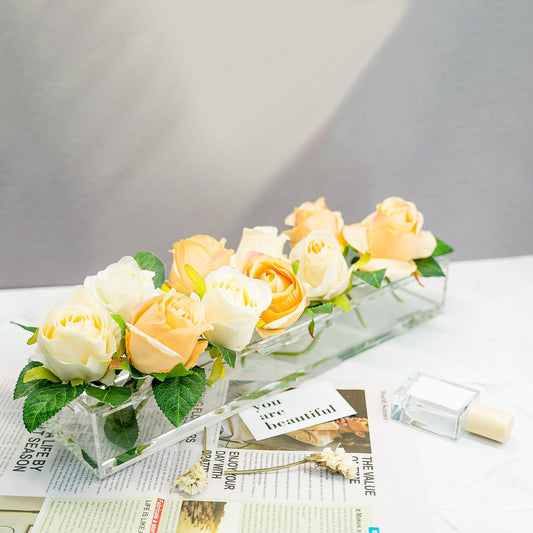 Long Rectangular Flower Vase, Clear Acrylic 40cm Centerpiece for Dining Table, Home Decoration, or Wedding Floral Arrangements, Modern Tabletop Vase for Living Room and Events, Clear