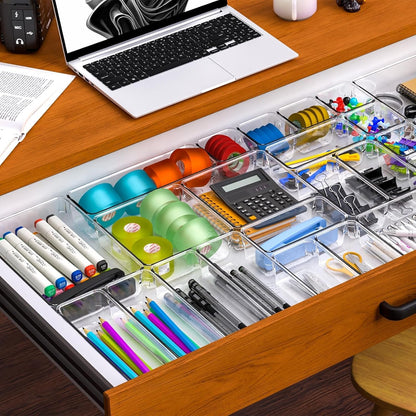 25 Pcs Clear Plastic Drawer Organizer Set,4 Sizes In Drawer Organizer Trays for Bathroom,Office,Kitchen Cabinet and Vanity Organizers,Desk Drawer Organizer Bins for Jewelry,Cosmetic,Utensil,Junk