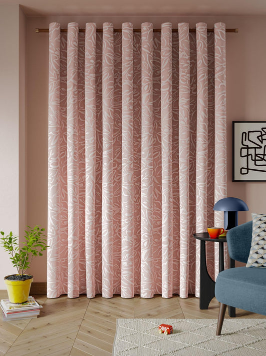 Linen Velvet Curtains - Pink Printed Leaves Sheer - Steel Grommets - 1 Piece