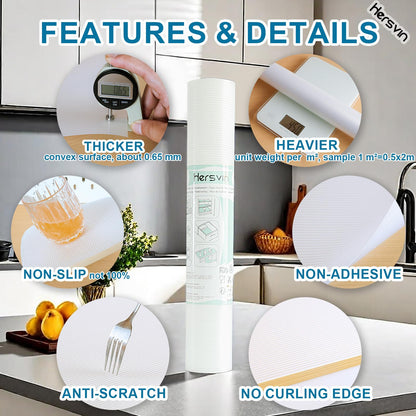 Hersvin Drawer Liners, 40cmx450cm Kitchen Shelf Liners Non-Adhesive Cabinet Mats Cupboard Protector EVA Plastic Lining Waterproof Washable Wipeable Anti-Slip Mats (Transparent Stripe)