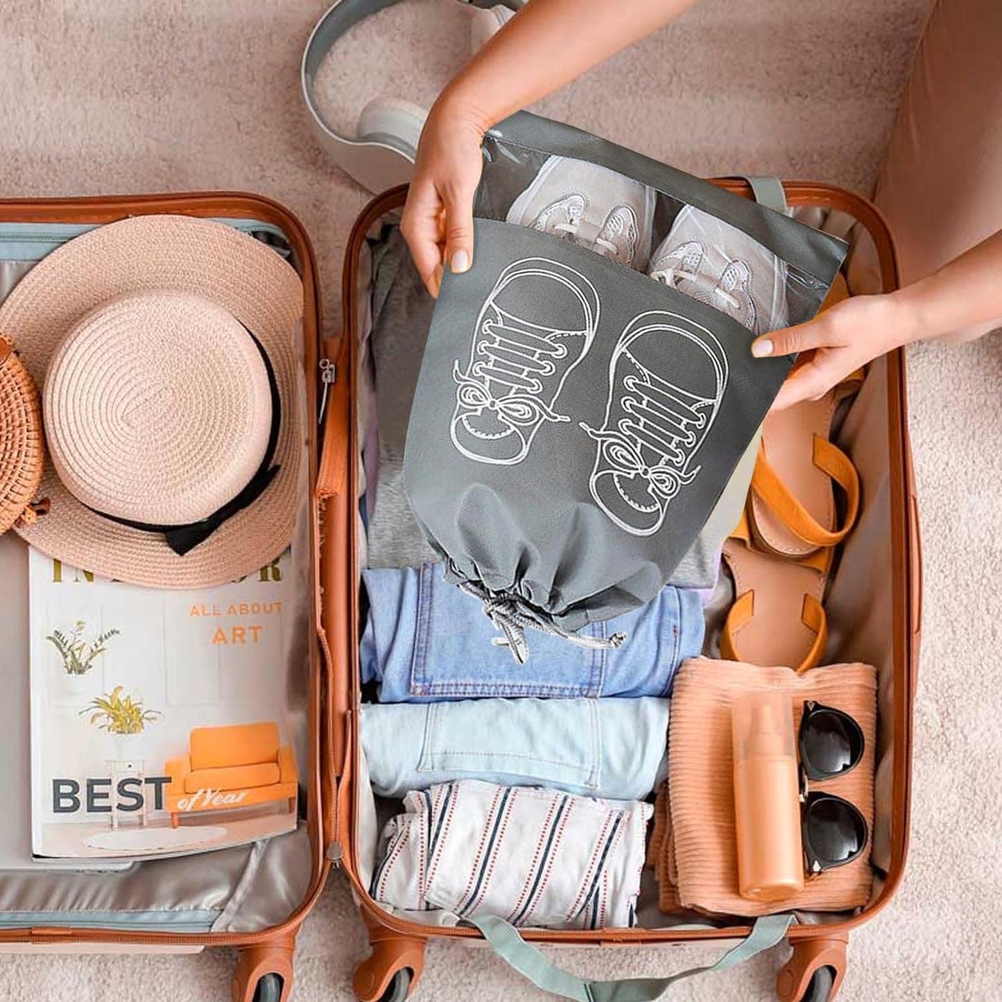 Large Shoe Storage Bags, Dustproof Drawstring Shoe Bags with Transparent Window, Waterproof Travel Organizer, Portable Shoe Pouches - Grey - 18 pieces