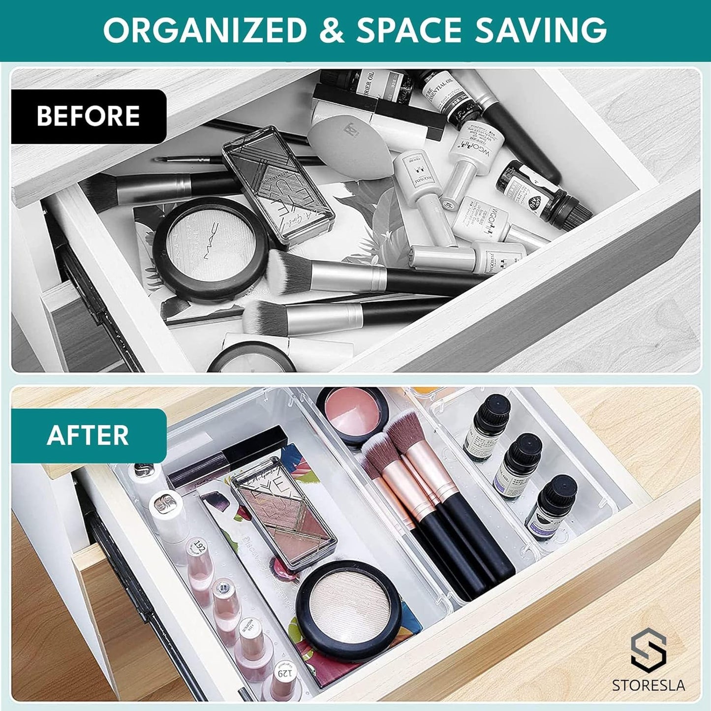 STORESLA™ 10-Piece Multi-Sized Non-Slip Drawer Organizer Trays, Clear Plastic, Ideal for Desk, Dresser, Kitchen & Bathroom, Store Makeup, Kitchen Utensils, Jewelry & More