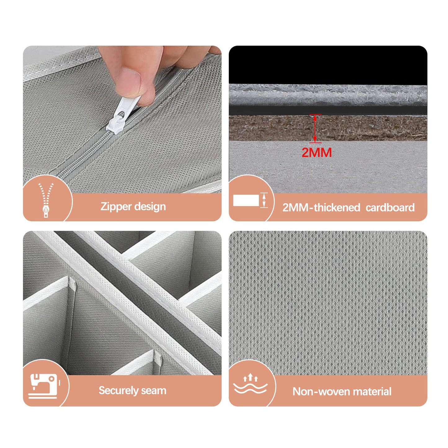 4-Pieces Fabric Wardrobe Organizer, Foldable Storage Bins for Underwear, Socks, Bras, and Accessories, Grey, 15 x 11 x 31 cm