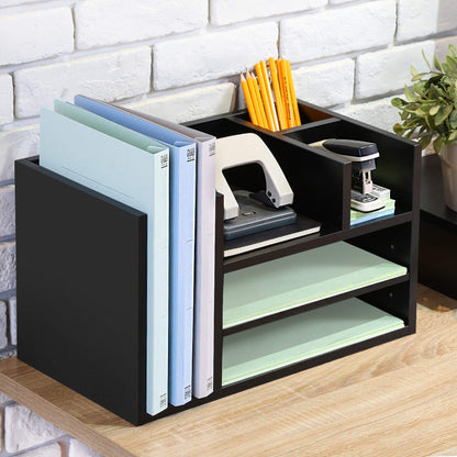 Wood Office Desk Organizer in White, Workspace Organizer with Letter Tray and 4 Upright Sections, Desktop Document Holder, File Sorter for Home or Office Supplies