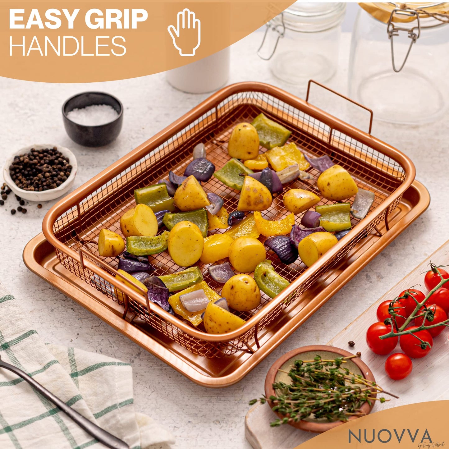 nuovva Copper Crisper Tray Non-Stick Oven Baking Tray with Elevated Mesh Crisping Grill Basket 2 Piece Set –