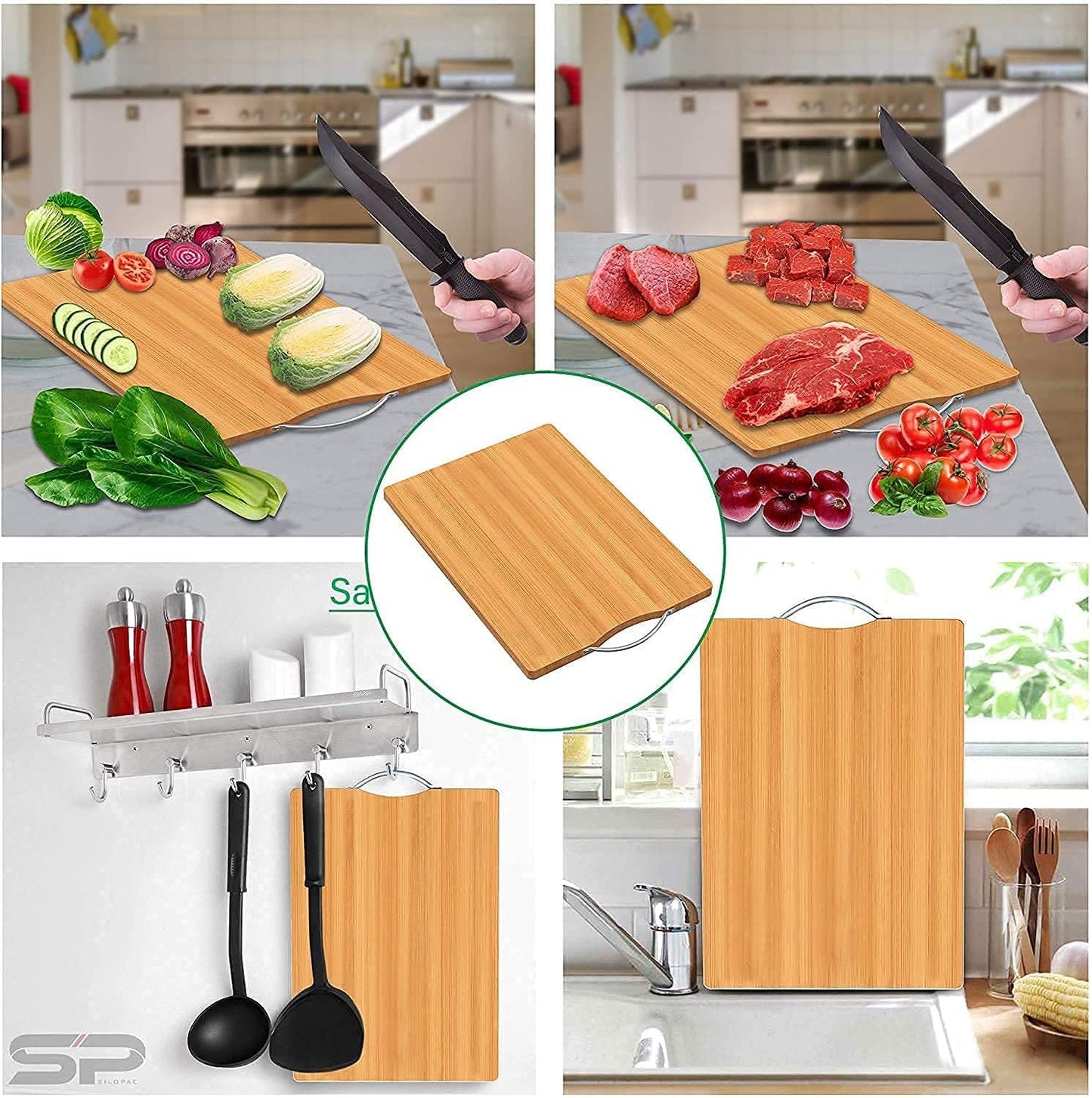 FOMQUAZLI Wooden Bamboo Chopping Cutting Board with Steel Handle Fruits, Vegetables, Fish, Chicken & Meat Cutting Pad for Kitchen Non-Slip Antibacterial Chopping Board (30 * 20CM)
