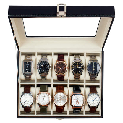 Watch Box Organizer With 10 Slot,Luxury Display Case for Watches with Glass Lid, Black, 9.92 x 8.18 x 3.14 cm