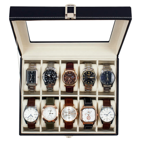 Watch Box Organizer With 10 Slot,Luxury Display Case for Watches with Glass Lid, Black, 9.92 x 8.18 x 3.14 cm