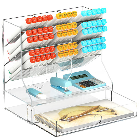 Acrylic Pen Organizer for Desk with Drawer, Multi-Functional Clear Marker Holder with 12 Compartments, Heavy-Duty Desktop Pencil Storage for Home, Office & Art Studio