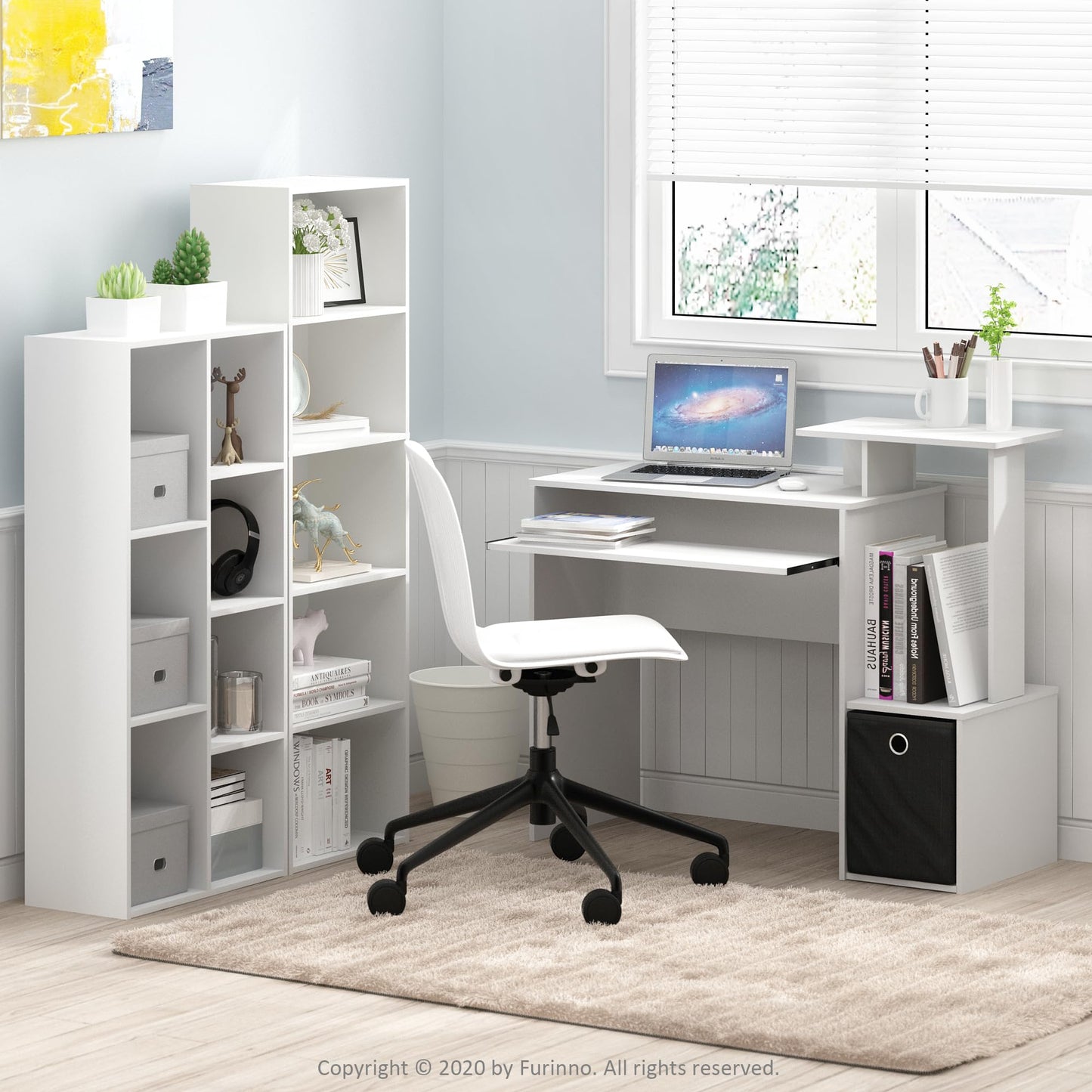 5-Tier Narrow Vertical Wall Unit, Tall Column Floating Storage Organizer and Utility Shelf for Bedroom or Living Room, Space-Saving Design in a White Laminate Finish