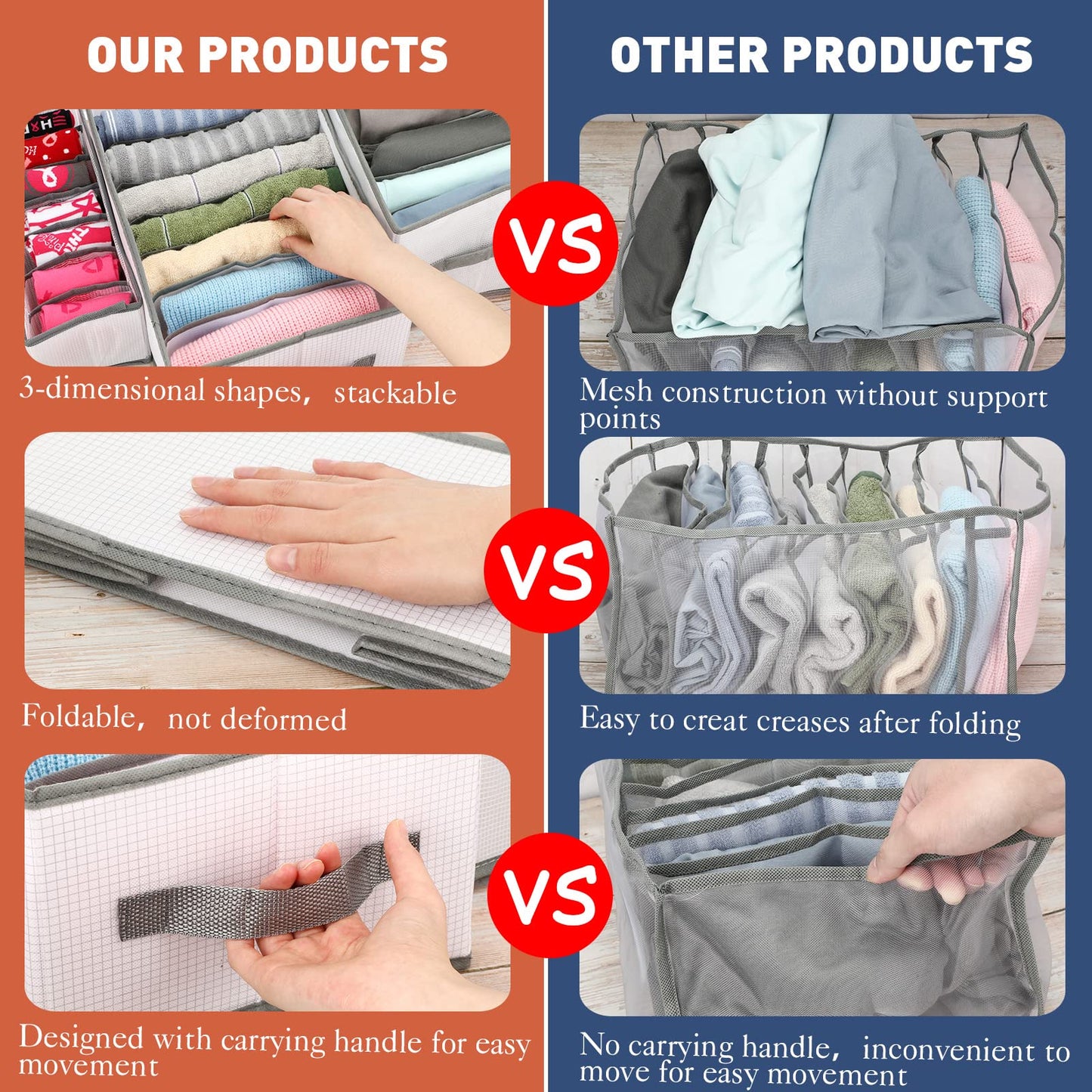 Fumete 6 Pcs Foldable Wardrobe Clothes Organizer Plastic Hard PP Plate Jeans Organizer for Closet with Handle Drawer Organizers for Clothing Pants Coats Underwear (L 7 Grids)