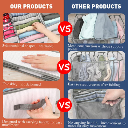 Fumete 6 Pcs Foldable Wardrobe Clothes Organizer Plastic Hard PP Plate Jeans Organizer for Closet with Handle Drawer Organizers for Clothing Pants Coats Underwear (L 7 Grids)