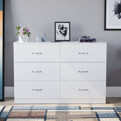 Wide Chest of 6 Drawers, Durable Manufactured Wood Bedroom Storage Unit with Smooth Sliding Drawers and Ample Space, Elegant Furniture in a Clean White Finish for Any Room