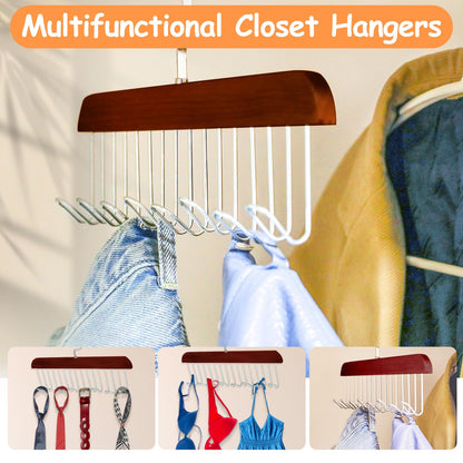 Xbaiyanr 4Pcs Anti Slip Multi Hook Coat Racks,Bra Hangers for Closet Organizer with 8 Hooks 360 °Swivel Belt Hanger for Closet for Belt, Tie, Tank Top, Bra, Scarf (Brown)