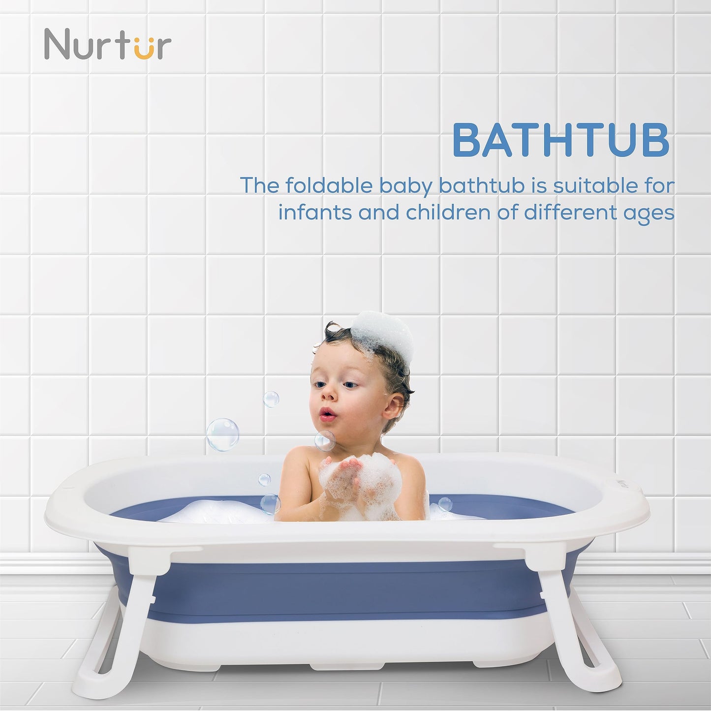 Nurtur Collapsible Baby/kids Bathtub with– Mini swimming pool bather for baby/kids with Non slip design – Newborn bath tub for baby, Blue (Official Nurtur Product)
