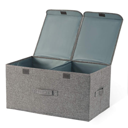 Storage Box with Lids, Foldable, Dual Compartments, Durable Fabric, Ideal for Home Organization, Grey, 44L x 28W x 24H cm