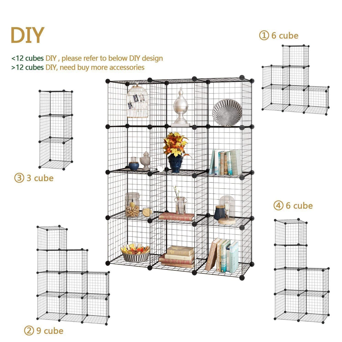 12-Cube DIY Wire Grid Bookcase, Multi Use Modular Storage Shelving Rack, Open Organizer Cabinet for Books, Toys, Clothes, Tools