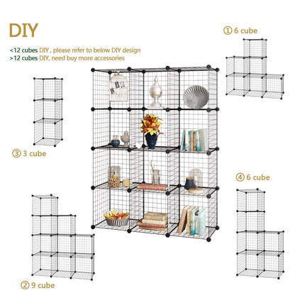 12-Cube DIY Wire Grid Bookcase, Multi Use Modular Storage Shelving Rack, Open Organizer Cabinet for Books, Toys, Clothes, Tools