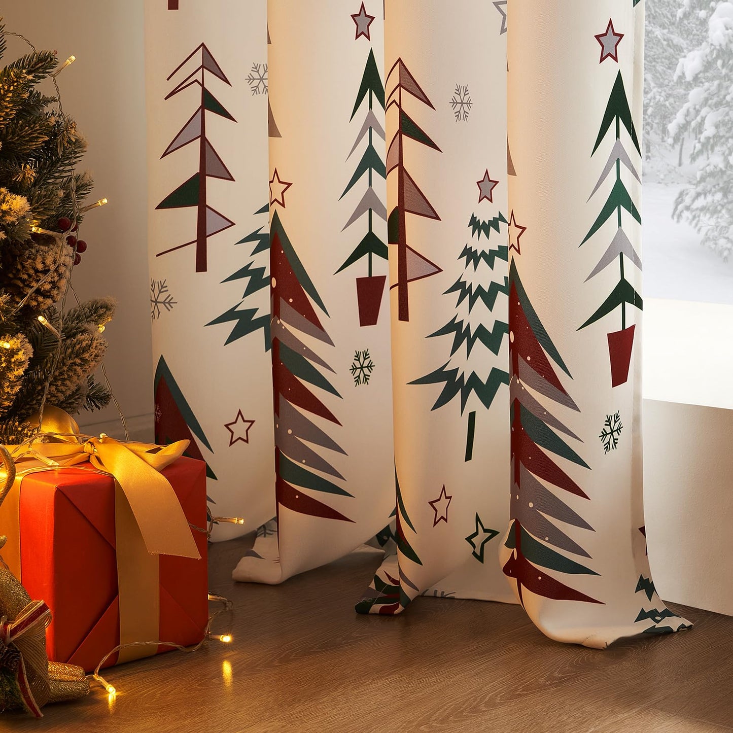 Intex Curtains House Christmas Curtains – Christmas Tree & Snowflake Print Linen Velvet for Living Room & Bedroom - Christmas Home Window Decor - Steel Grommets - 1 Piece - 135W x 230L CM