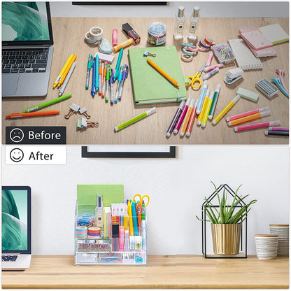 Acrylic Desk Organizer with 2 Drawers, Clear 5-Compartment Pen Holder and File Sorter, All-in-One Office Supplies Storage for Dorm, Home, and School, Desktop Caddy
