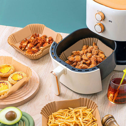 100 PCS Air Fryer Disposable Paper Liners, Non-Stick, Oil-Proof, Heat-Resistant, Food Grade Parchment for Frying, Baking, Easy Cleanup, Compatible with 5-8 Qt Air Fryers, Square Design, 20 cm