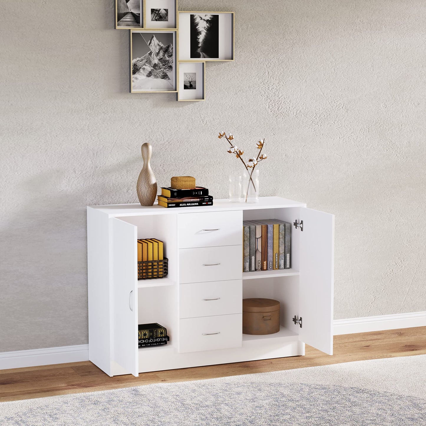 Sideboard in White, Storage Cabinet with 2 Doors and 4 Drawers, Free Standing Cupboard, Chest Organizer for Kitchen, Living Room, or Bedroom, Modern Credenza