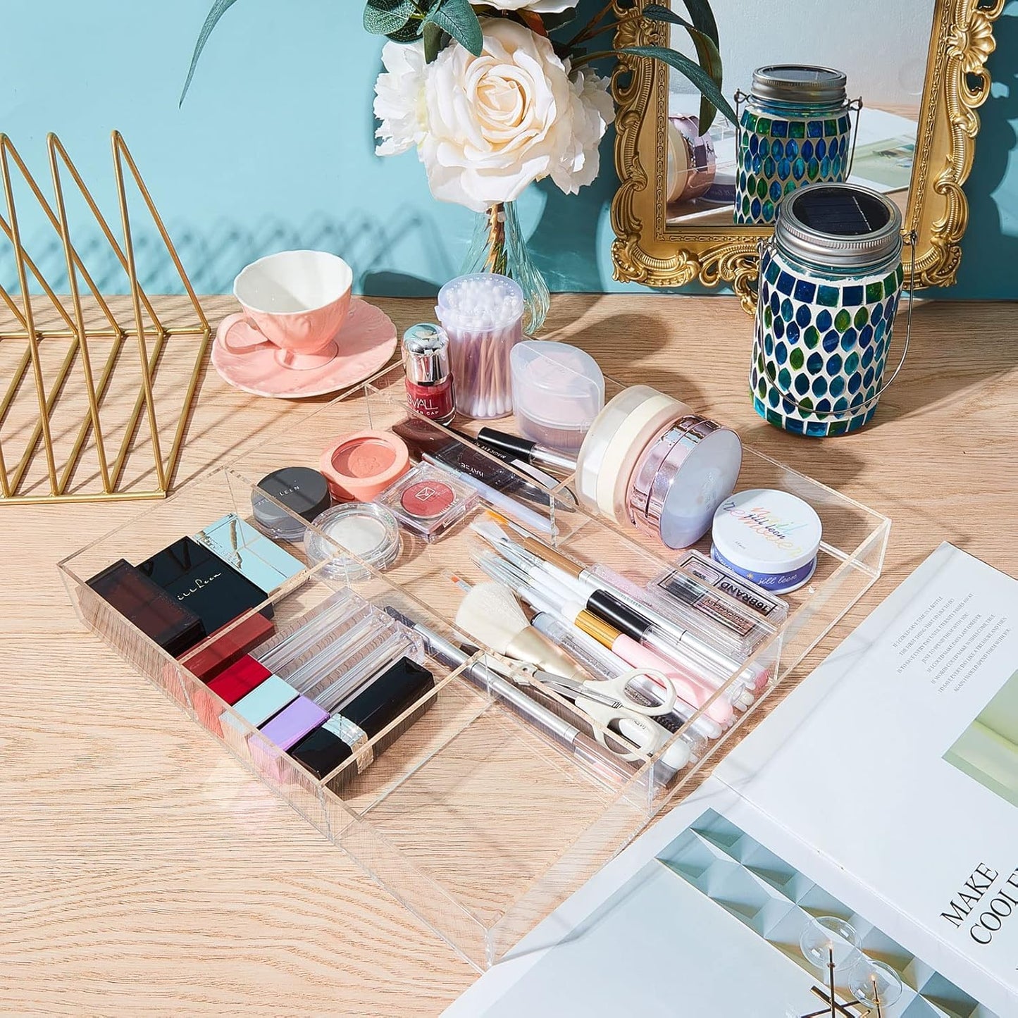 Clear Acrylic Drawer Organizer Set of 2, 6-Section and 3-Section Divided Trays, 30.2 x 30.2 x 4.3 cm and 30.2 x 11.4 x 4.3 cm, Makeup and Desk Storage for Bathroom Kitchen or Office Use