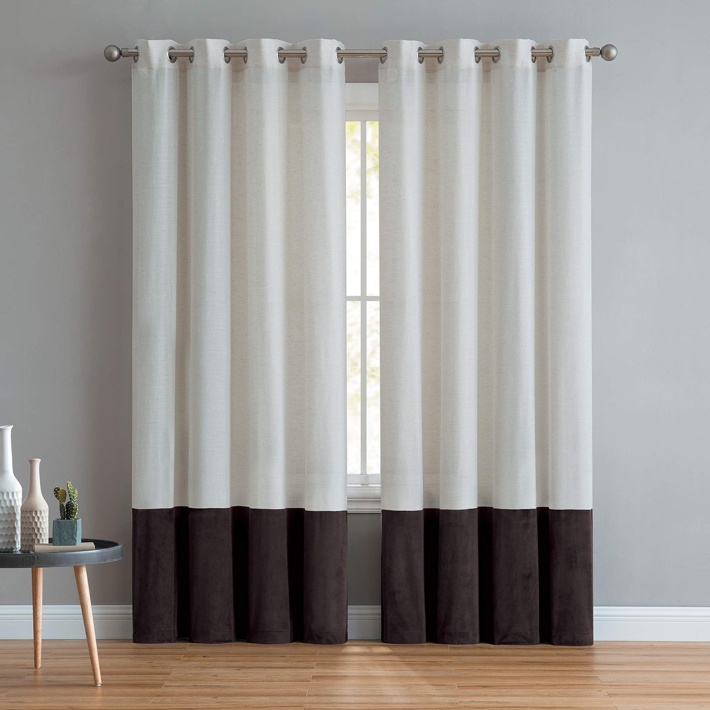 Luxury Linen Curtains With Velvet - Bottom Velvet Tone – 2-Tone Style – 1 Panel