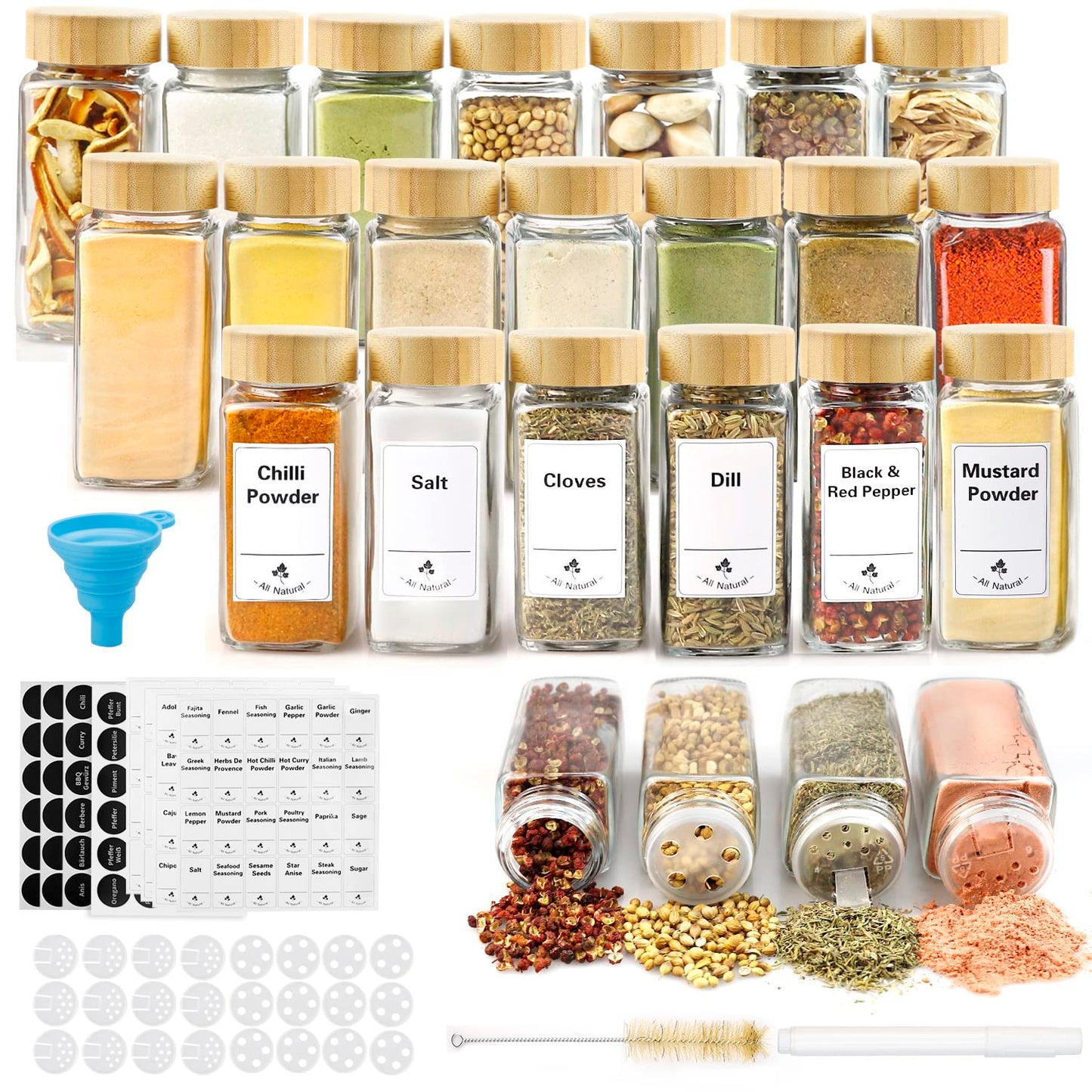 Thokono Spice Jars Square 24 Pieces with Bamboo Lid 120 ml, 10.5 x 4.5 cm Spice Jars Set with Screw Cap, Spice Shaker Glass with Shaker Insert, Spice Container Spice Storage Spice Jars