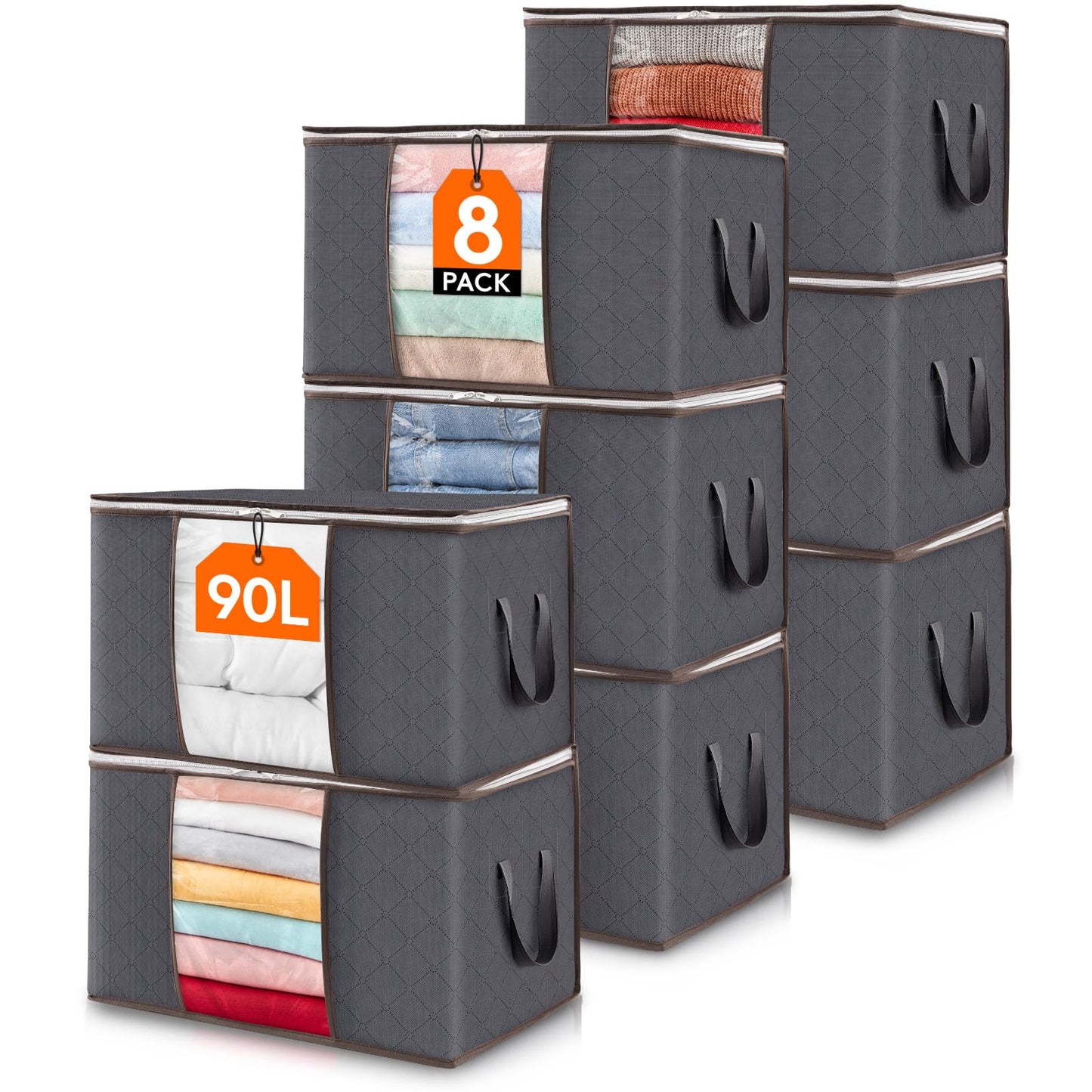 Lifewit Large Capacity Clothes Storage Bag Organizer with Reinforced Handle Thick Fabric for Comforters, Blankets, Bedding, Foldable with Sturdy Zipper, Clear Window, 8 Pack, 90L, Grey