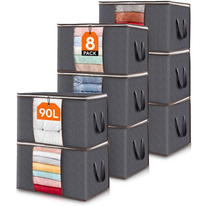 Lifewit Large Capacity Clothes Storage Bag Organizer with Reinforced Handle Thick Fabric for Comforters, Blankets, Bedding, Foldable with Sturdy Zipper, Clear Window, 8 Pack, 90L, Grey