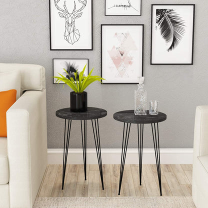 Set of 2 Black Marble End Tables Round Wood Sofa Side Coffee Tables for Small Spaces, Nightstand Bedside Table with Metal Legs for Bedroom, Living Room, Office, Balcony