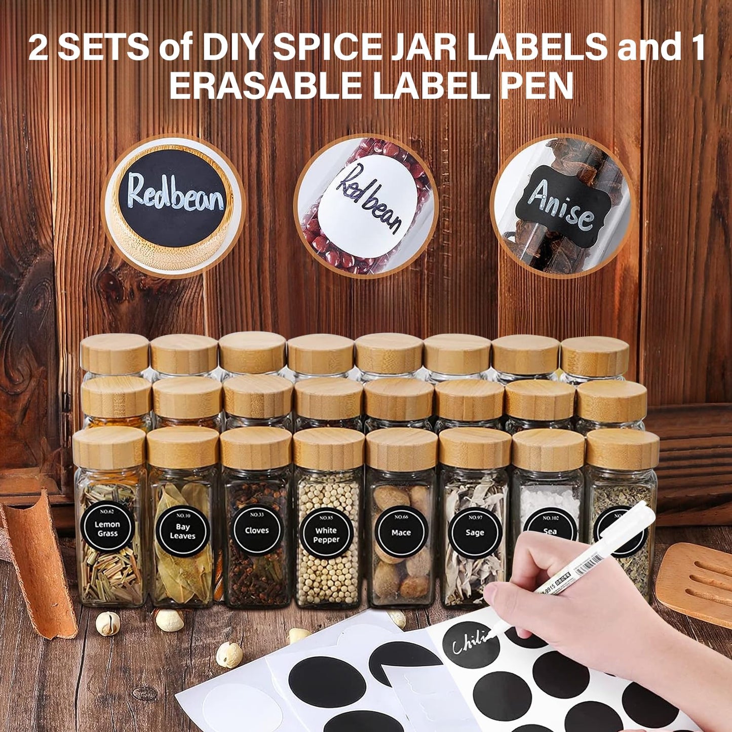 24 Pcs Spice Jars, 4oz Empty Glass Spice Jars, Square Bamboo Spice Jars for Herbs, Spices & Seasoning -Kitchen Storage & Organisation of Spice Jars with Lids and Labels.