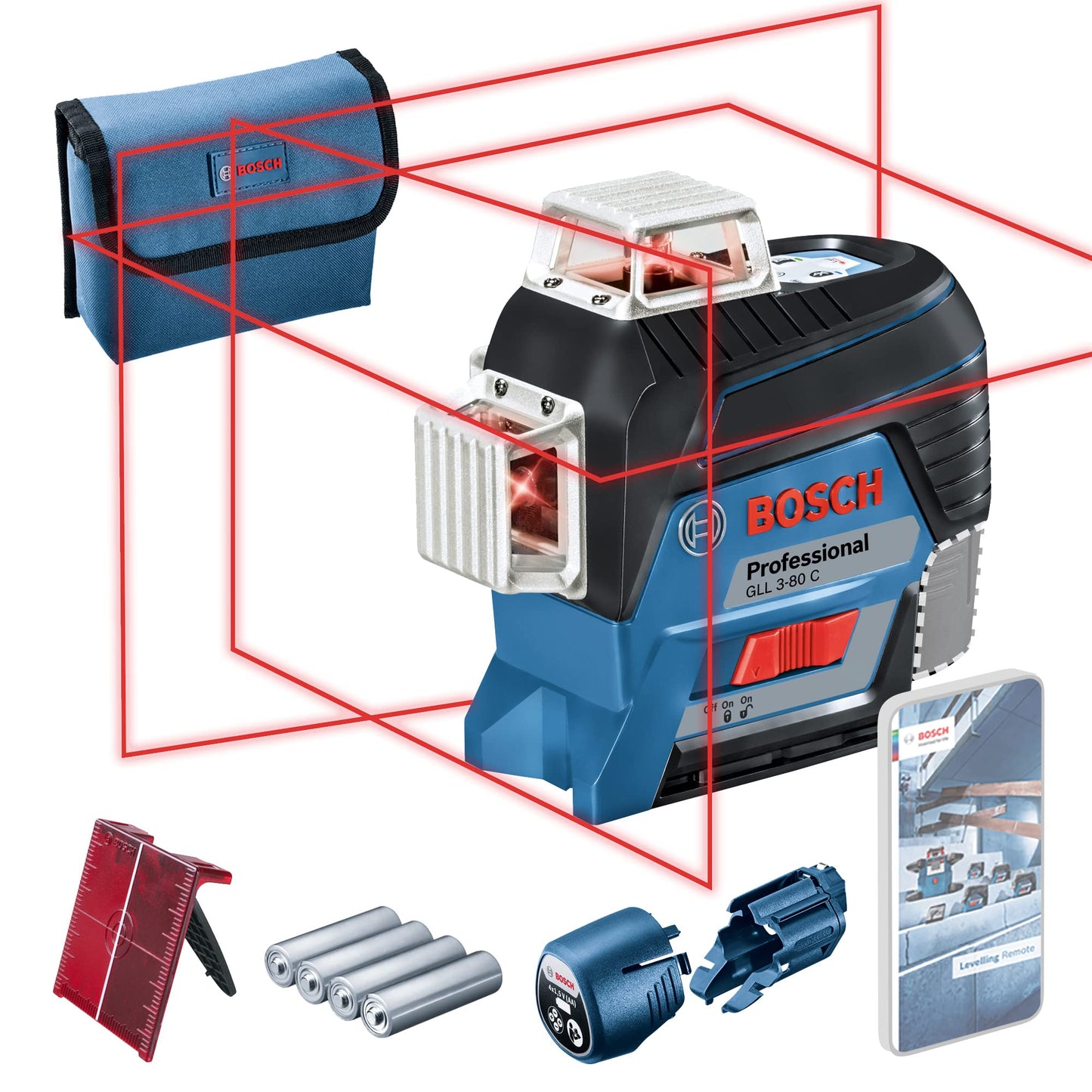 Bosch professional laser level gll 3-80 c (red laser, w/app function, working range: 30 m, 4 x battery aa)