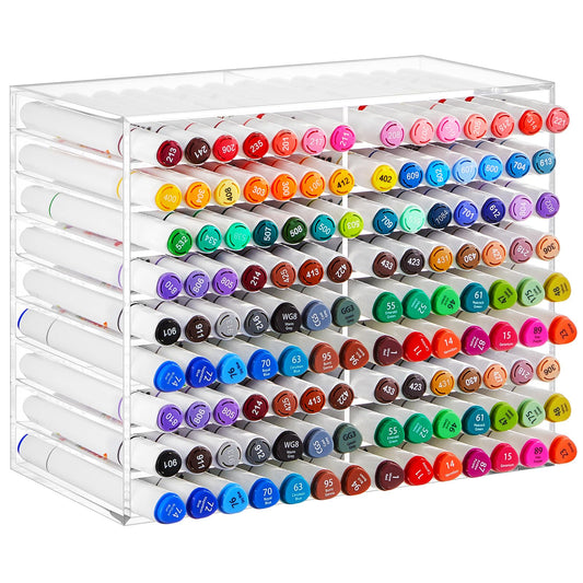 Acrylic Marker Organizer, Clear 126-Capacity Art Marker and Pencil Holder with 18 Compartments, Desktop Display Stand for Pens, Brushes and Office Supplies Storage, Clear