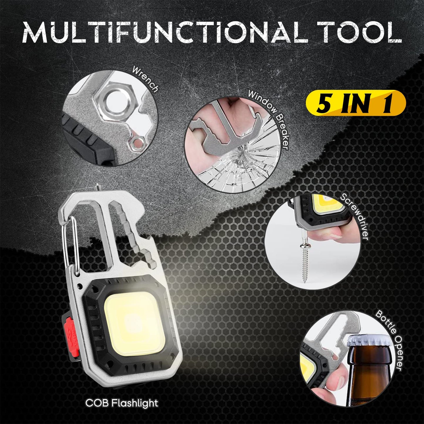 Apeso Cob Keychain Work Light, 7 Light Modes Mini Pocket Flashlight High Lumens Led Bright, Small Powerful Flashlight Rechargeable, Multifunctional Tool - Window Breaker Wrench Bottle Opener (2 Pcs)