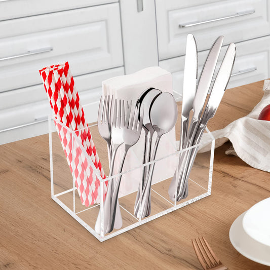 Utensil Holder Organizer, Clear Acrylic Countertop Caddy for Storing Cutlery, Flatware, Spoons, Forks, Knives and Napkins, Suitable for Kitchens, Buffets and Dining Tables, Clear