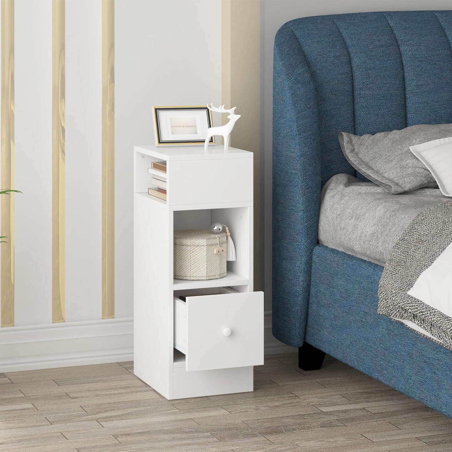 White Bedside Table, H 25 x W30 x W66 cm, TalLNightstand with 1 Drawer and 2 Open Compartments, Slim End Table for SmalLBedroom, NarroWStorage Unit