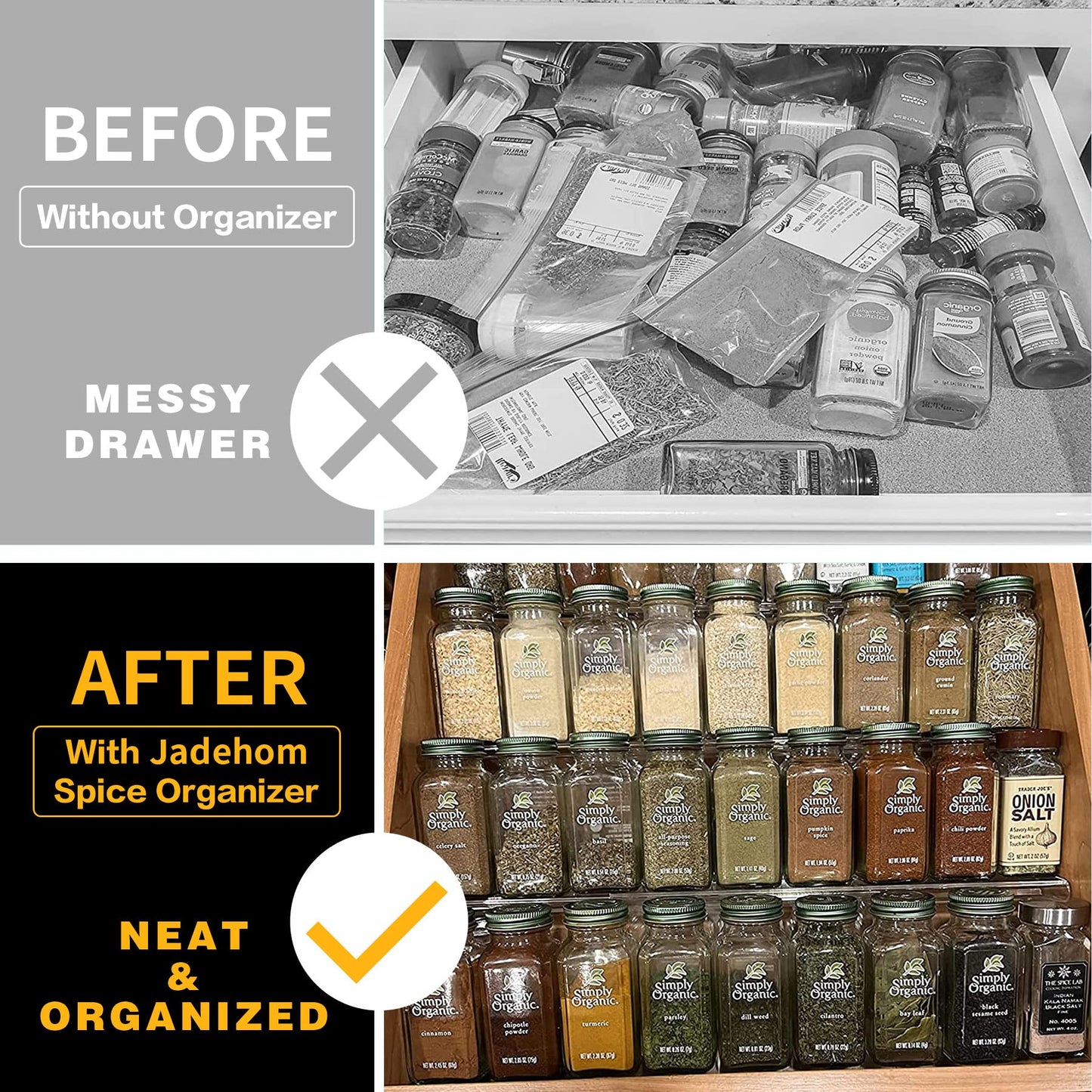 Jadehom Spice Drawer Organizer, 6 Pcs Clear Acrylic In Drawer Seasoning Jars Rack, Expandable From 8" to 16" Kitchen Cabinets/Countertop Drawer Spice Rack Tray (Fit Small Drawer?